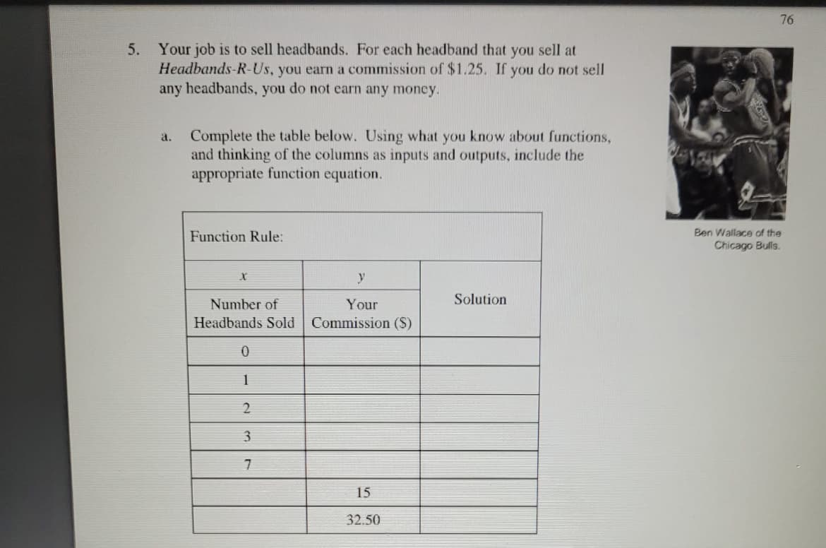 76
Your job is to sell headbands. For each headband that you sell at
Headbands-R-Us, you earn a commission of $1.25. If you do not sell
any headbands, you do not earn any money.
5.
Complete the table below. Using what you know about functions,
and thinking of the columns as inputs and outputs, include the
appropriate function equation.
a.
Function Rule:
Ben Wallace of the
Chicago Bulls.
Number of
Your
Solution
Headbands Sold Commission (S)
1
7.
15
32.50
