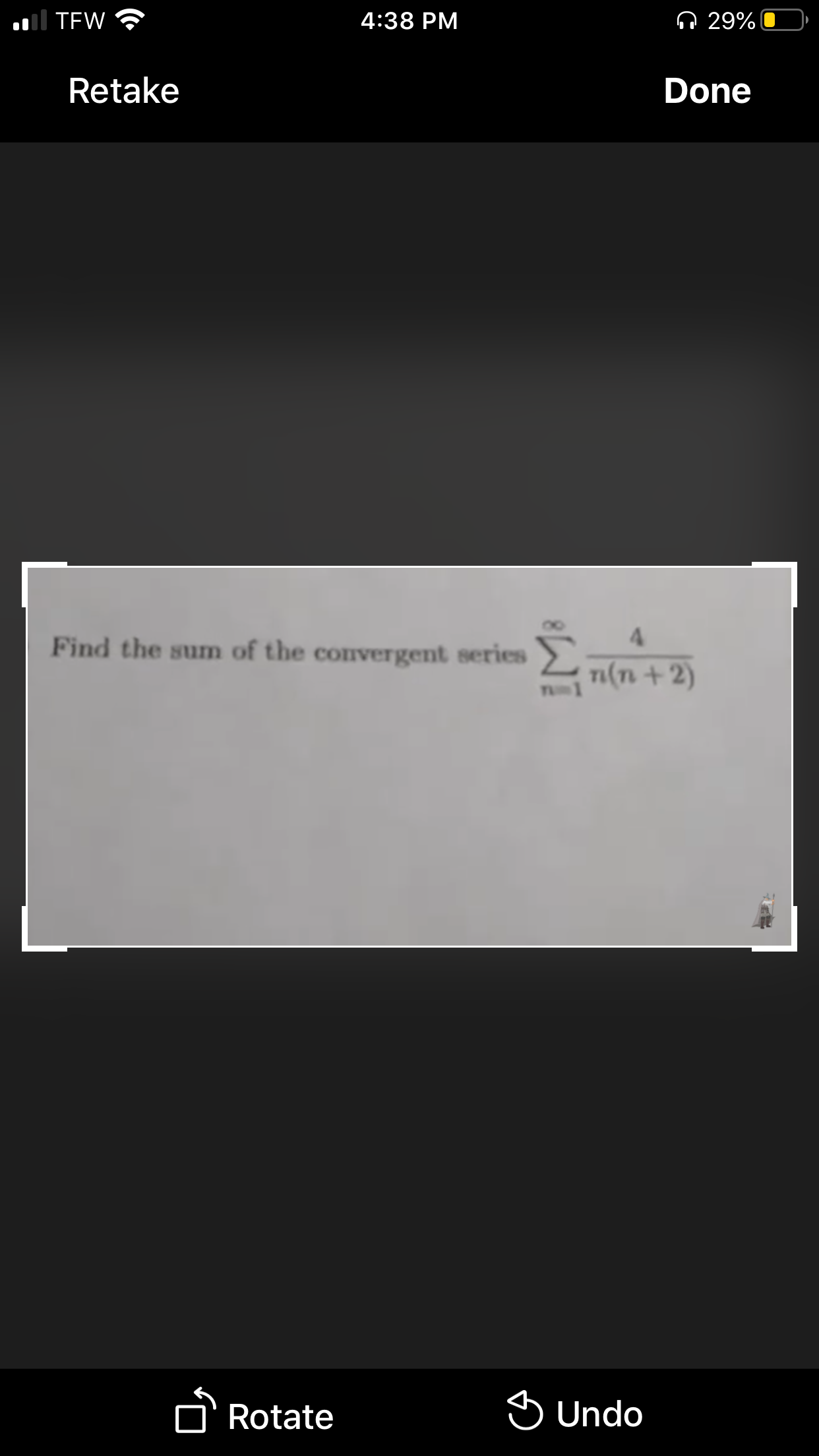 ---

**Convergent Series Sum Problem**

Find the sum of the convergent series: 

\[
\sum_{n=1}^{\infty} \frac{4}{n(n+2)}
\]

---

This series involves summing the terms of the form \(\frac{4}{n(n+2)}\) starting from \(n=1\) and continuing to infinity. The notation \(\sum_{n=1}^{\infty}\) represents an infinite series where \(n\) begins at 1 and increases without bound.

Understanding and solving this problem involves reducing the series to simpler components, potentially using partial fractions or other mathematical techniques to determine the sum.