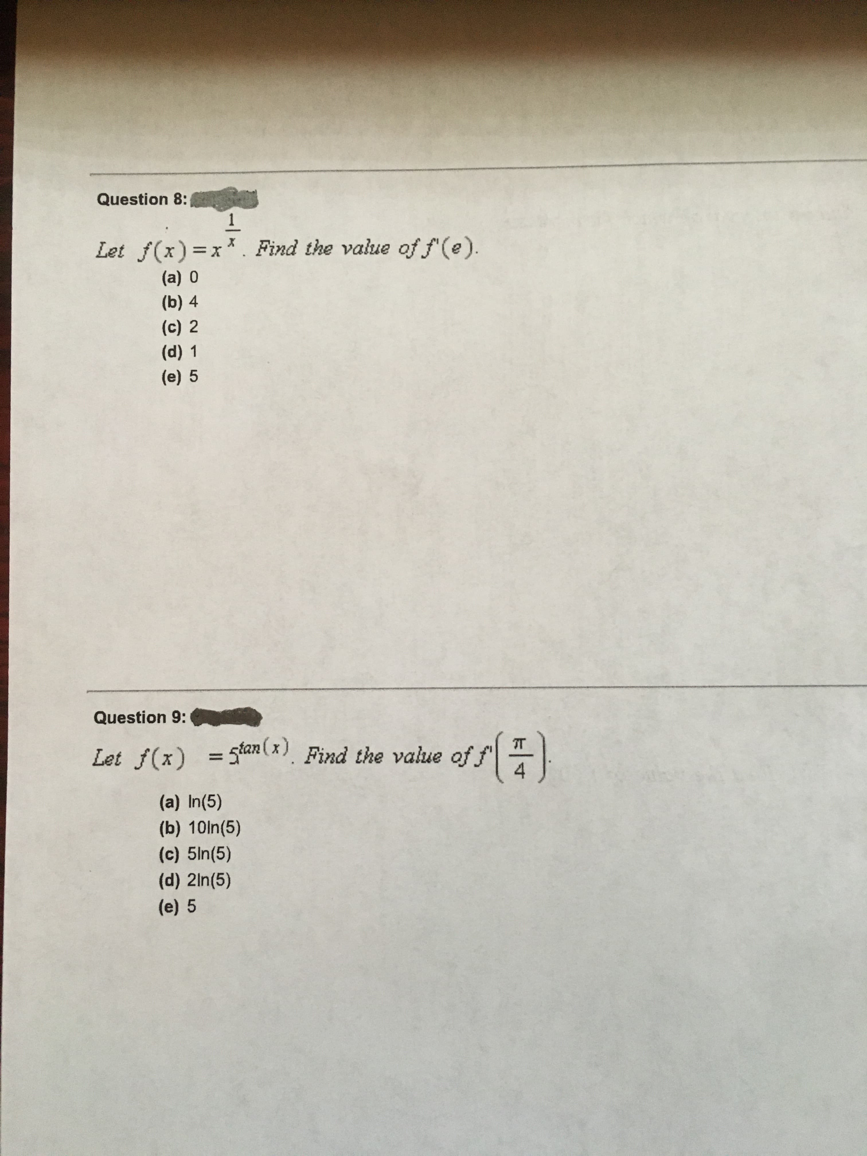 Let f(x)=x*. Find the value of f'(e).
