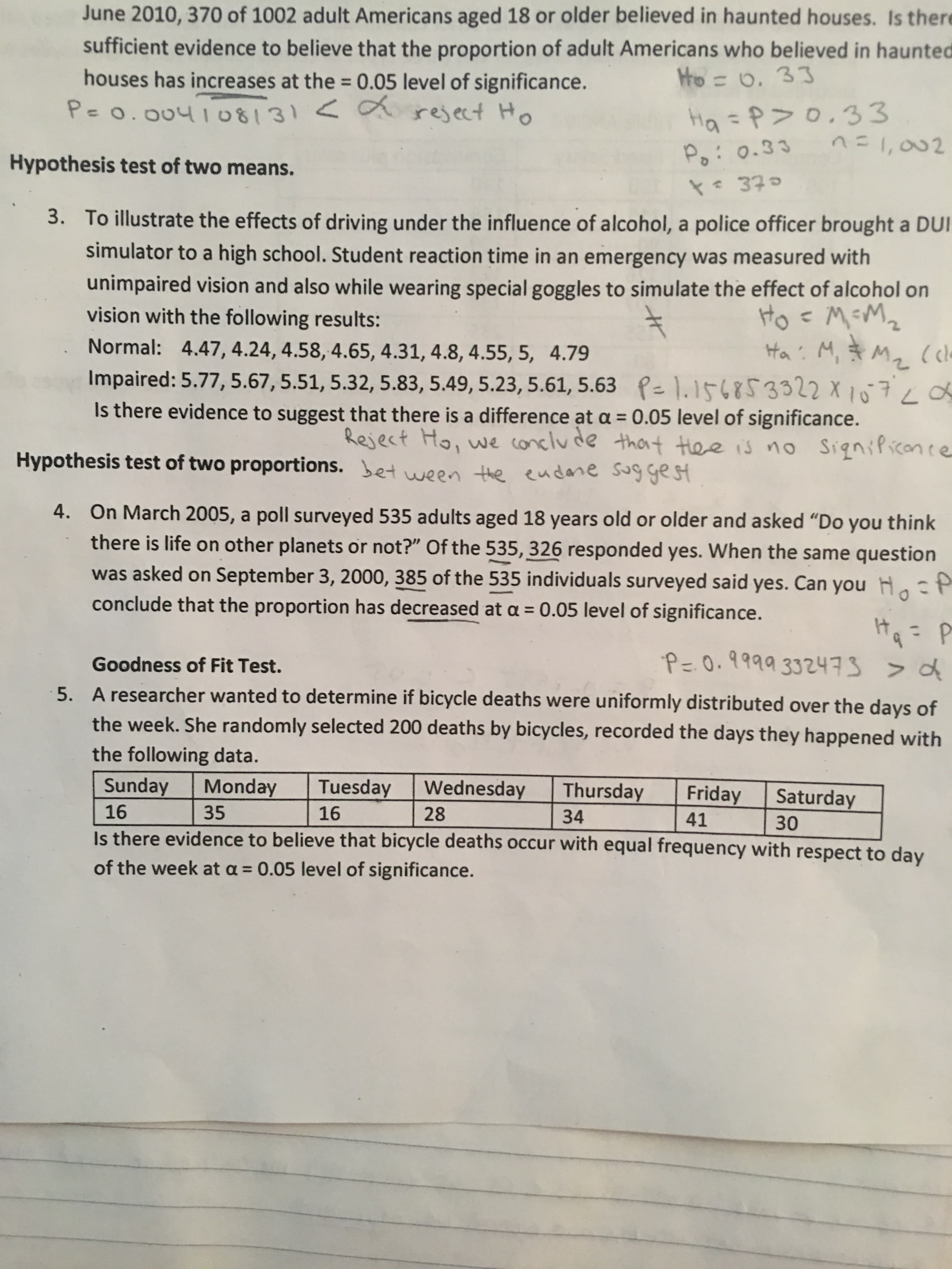 June 2010, 370 of 1002 adult Americans aged 18 or older believed in haunted houses. Is there
sufficient evidence to believe that the proportion of adult Americans who believed in haunted
Ho = 0. 33
houses has increases at the = 0.05 level of significance.
%3D
Peo.004108131<a reject Ho
Ha=P>0,33
Po: 0.33
%3D
n=1,002
Hypothesis test of two means.
t 370
3.
To illustrate the effects of driving under the influence of alcohol, a police officer brought a DUI
simulator to a high school. Student reaction time in an emergency was measured with
unimpaired vision and also while wearing special goggles to simulate the effect of alcohol on
Ho=MEM2
Ha: M, ☆ Mz (ce
Impaired: 5.77, 5.67, 5.51, 5.32, 5.83, 5.49, 5.23, 5.61, 5.63 P= 1.156853322 X107La
Is there evidence to suggest that there is a difference at a = 0.05 level of significance.
vision with the following results:
Normal:
4.47, 4.24, 4.58, 4.65, 4.31, 4.8, 4.55, 5, 4.79
Reject Ho, we conclude that tee is no SigniPicance
Hypothesis test of two proportions. bet ween the eudane sug gest
On March 2005, a poll surveyed 535 adults aged 18 years old or older and asked "Do you think
there is life on other planets or not?" Of the 535, 326 responded yes. When the same question
was asked on September 3, 2000, 385 of the 535 individuals surveyed said yes. Can you H
4.
conclude that the proportion has decreased at a = 0.05 level of significance.
H.
9=P
%3D
P=0.9999332473 >d
Goodness of Fit Test.
5. A researcher wanted to determine if bicycle deaths were uniformly distributed over the days of
the week. She randomly selected 200 deaths by bicycles, recorded the days they happened with
the following data.
Sunday
Monday
Tuesday
Wednesday
Thursday
Friday
Saturday
16
35
16
28
34
41
30
Is there evidence to believe that bicycle deaths occur with equal frequency with respect to day
of the week at a = 0.05 level of significance.
