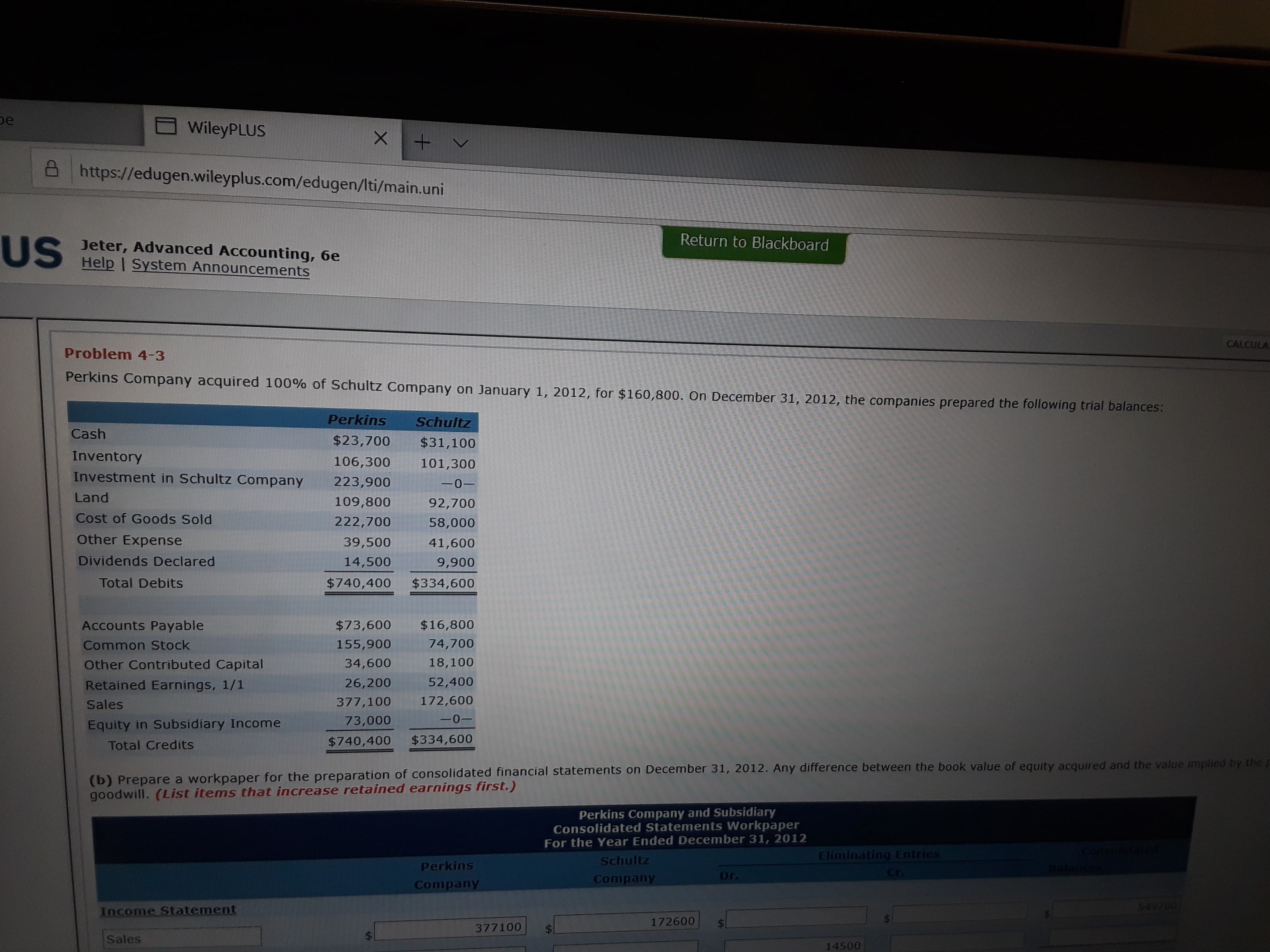 be
WileyPLUS
8 https://edugen.wileyplus.com/edugen/lti/main.uni
Return to Blackboard
US
Jeter, Advanced Accounting, 6e
Help | System Announcements
CALCULA
Problem 4-3
Perkins Company acquired 100% of Schultz Company on January 1, 2012, for $160,800. On December 31, 2012, the companies prepared the following trial balances:
Perkins
Schultz
Cash
$23,700
$31,100
Inventory
106,300
101,300
Investment in Schultz Company
223,900
-0-
Land
109,800
92,700
Cost of Goods Sold
222,700
58,000
Other Expense
39,500
41,600
Dividends Declared
14,500
9,900
$740,400
Total Debits
$334,600
Accounts Payable
$73,600
$16,800
74,700
155,900
Common Stock
18,100
34,600
Other Contributed Capital
52,400
26,200
Retained Earnings, 1/1
172,600
377,100
Sales
-0-
73,000
Equity in Subsidiary Income
$334,600
$740,400
Total Credits
(b) Prepare a workpaper for the preparation of consolidated financial statements on December 31, 2012. Any difference between the book value of equity acquired and the value implied by the
goodwill. (List items that increase retained earnings first.)
Perkins Company and Subsidiary
Consolidated Statements Workpaper
For the Year Ended December 31, 2012
Consolt
Eliminating Entries
Schultz
Perkins
Cr.
Dr.
Company
Company
549700
Income Statement
172600
377100
Sales
14500
