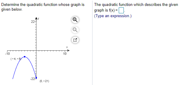 Determine the quadratic function whose graph is
given below.
The quadratic function which describes the given
graph is f(x) =D.
(Type an expression.)
22-
-10
10
(-4, -5
(0, - 21)
