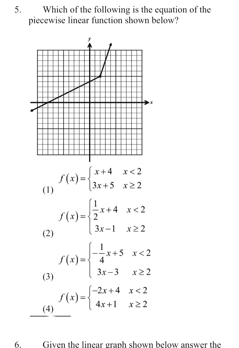 Which of the following is the equation of the
piecewise linear function shown below?
5.
y
x+4
x< 2
S(x)=.
(1)
|Зх +5 х22
( 1
–x+4 x<2
f (x) ={2
Зх —1
x2 2
(2)
- x+5 x<2
f (x)={ 4
Зх — 3
x22
(3)
(-2x+4 x< 2
f (x)=-
(4)
4х +1
x2 2
6.
Given the linear graph shown below answer the
