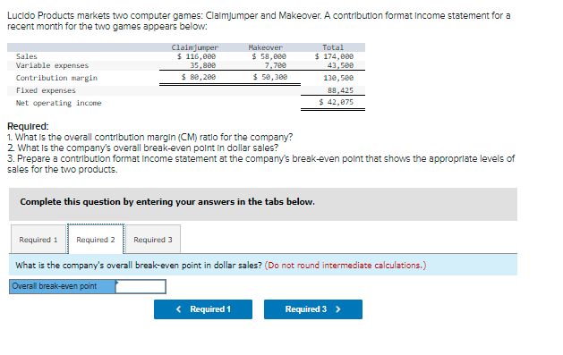 Lucido Products markets two computer games: Clalmjumper and Makeover. A contribution format Income statement for a
recent month for the two games appears below:
Claimjumper
$ 116,000
35,800
$ 8e, 200
Makeover
$ 58,000
7,700
$ 50, 300
Total
$ 174,809
43,5ee
130, see
Sales
Variable expenses
Contribution margin
88,425
$ 42,075
Fixed expenses
Net operating income
Required:
1. What is the overall contribution margin (CM) ratio for the company?
2 What Is the company's overall break-even polnt in dollar sales?
3. Prepare a contribution format Income statement at the company's break-even polnt that shows the appropriate levels of
sales for the two products.
Complete this question by entering your answers in the tabs below.
Required 1
Required 2
Required 3
What is the company's overall break-even point in dollar sales? (Do not round intermediate calculations.)
Overall break-even point
< Required 1
Required 3 >
