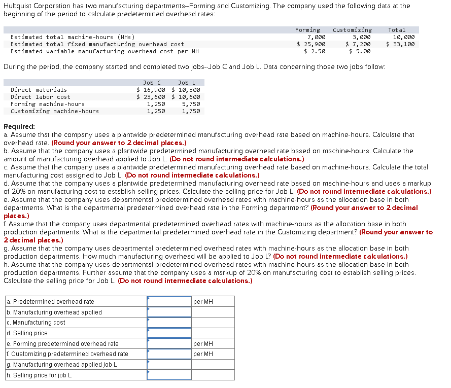 Hultquist Corporation has two manufacturing departments--Forming and Customizing. The company used the following data at the
beginning of the period to calculate predetermined overhead rates:
Customizing
Forming
7, 000
$ 25,900
$ 2.50
Total
Estimated total machine-hours (MHs)
Estimated tot al fixed manufacturing overhead cost
Estimated variable manufacturing overhead cost per MH
3, 000
$ 7, 200
$ 5.00
10, 000
$ 33,100
During the period, the company started and completed two jobs-Job C and Job L. Data concerning those two jobs follow:
Job C
Job L
$ 16,900 $ 10,300
$ 23,600 $ 10, 600
Direct materials
Direct labor cost
Forming machine-hours
Customizing machine-hours
1,250
1,250
5,750
1,750
Required:
a. Assume that the company uses a plantwide predetermined manufacturing overhead rate based on machine-hours. Calculate that
overhead rate. (Round your answer to 2 decimal places.)
b. Assume that the company uses a plantwide predetermined manufacturing overhead rate based on machine-hours. Calculate the
amount of manufacturing overhead applied to Job L. (Do not round intermediate calculations.)
C. Assume that the company uses a plantwide predetermined manufacturing overhead rate based on machine-hours. Calculate the total
manufacturing cost assigned to Job L. (Do not round intermediate calculations.)
d. Assume that the company uses a plantwide predetermined manufacturing overhead rate based on machine-hours and uses a markup
of 20% on manufacturing cost to establish selling prices. Calculate the selling price for Job L. (Do not round intermediate calculations.)
e. Assume that the company uses departmental predetermined overhead rates with machine-hours as the allocation base in both
departments. What is the departmental predetermined overhead rate in the Forming department? (Round your answer to 2 dec imal
places.)
f. Assume that the company uses departmental predetermined overhead rates with machine-hours as the allocation base in both
production departments. What is the departmental predetermined overhead rate in the Customizing department? (Round your answer to
2 dec imal places.)
g. Assume that the company uses departmental predetermined overhead rates with machine-hours as the allocation base in both
production departments. How much manufacturing overhead will be applied to Job L? (Do not round intermediate calculations.)
h. Assume that the company uses departmental predetermined overhead rates with machine-hours as the allocation base in both
production departments. Further assume that the company uses a markup of 20% on manufacturing cost to establish selling prices.
Calculate the selling price for Job L. (Do not round intermediate calculations.)
a. Predetermined overhead rate
per MH
b. Manufacturing overhead applied
c. Manufacturing cost
d. Selling price
e. Forming predetermined overhead rate
f. Customizing predetermined overhead rate
g. Manufacturing overhead applied job L
h. Selling price for job L
per MH
per MH
