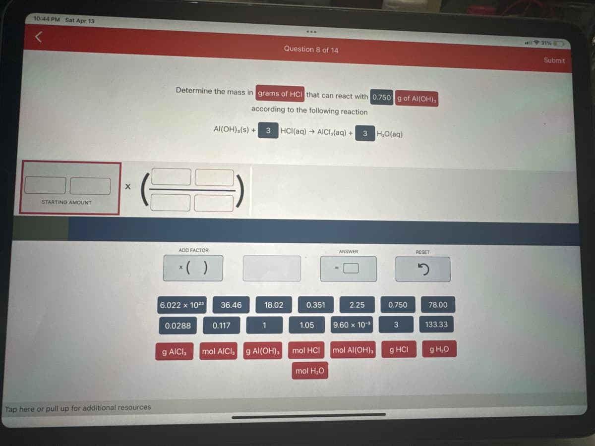 10:44 PM Sat Apr 13
<
STARTING AMOUNT
Question 8 of 14
Determine the mass in grams of HCI that can react with 0.750 g of Al(OH),
according to the following reaction
Al(OH),(s) + 3 HCl(aq) AICI,(aq) + 3 H,O(aq)
Tap here or pull up for additional resources
ADD FACTOR
* ( )
ANSWER
RESET
C
6.022 x 1023 36.46
18.02
0.351
2.25
0.750
78.00
0.0288
0.117
1
1.05
9.60 x 10
3
133.33
g AICI
mol AICI, g Al(OH)3
mol HCI mol Al(OH),
g HCI
g H₂O
mol H₂O
31%
Submit