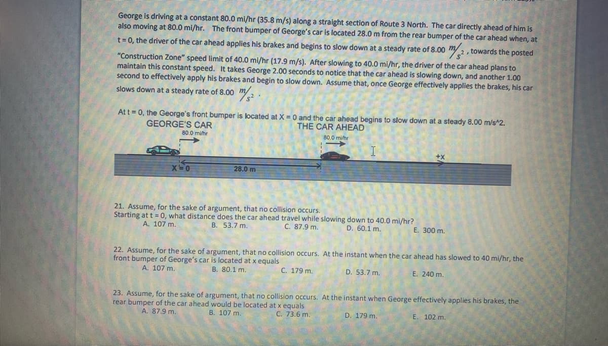 George is driving at a constant 80.0 mi/hr (35.8 m/s) along a straight section of Route 3 North. The car directly ahead of him is
also moving at 80.0 mi/hr. The front bumper of George's car is located 28.0 m from the rear bumper of the car ahead when, at
t=0, the driver of the car ahead applies his brakes and begins to slow down at a steady rate of 8.00
2, towards the posted
"Construction Zone" speed limit of 40.0 mi/hr (17.9 m/s). After slowing to 40.0 mi/hr, the driver of the car ahead plans to
maintain this constant speed. It takes George 2.00 seconds to notice that the car ahead is slowing down, and another 1.00
second to effectively apply his brakes and begin to slow down. Assume that, once George effectively applies the brakes, his car
slows down at a steady rate of 8.00 m2
At t = 0, the George's front bumper is located at X = 0 and the car ahead begins to slow down at a steady 8.00 m/s^2.
THE CAR AHEAD
GEORGE'S CAR
80.0 mi/hr
80.0 mi/hr
28.0 m
21. Assume, for the sake of argument, that no collision occurs.
Starting at t = 0, what distance does the car ahead travel while slowing down to 40.0 mi/hr?
A. 107 m.
B. 53.7 m.
C. 87.9 m.
D. 60.1 m.
E. 300 m.
22. Assume, for the sake of argument, that no collision occurs. At the instant when the car ahead has slowed to 40 mi/hr, the
front bumper of George's car is located at x equals
A. 107 m.
B. 80.1 m.
C. 179 m.
D. 53.7 m.
E. 240 m.
23. Assume, for the sake of argument, that no collision occurs. At the instant when George effectively applies his brakes, the
rear bumper of the car ahead would be located at x equals
B. 107 m.
A. 87.9 m.
C. 73.6 m.
D. 179 m.
E. 102 m.
