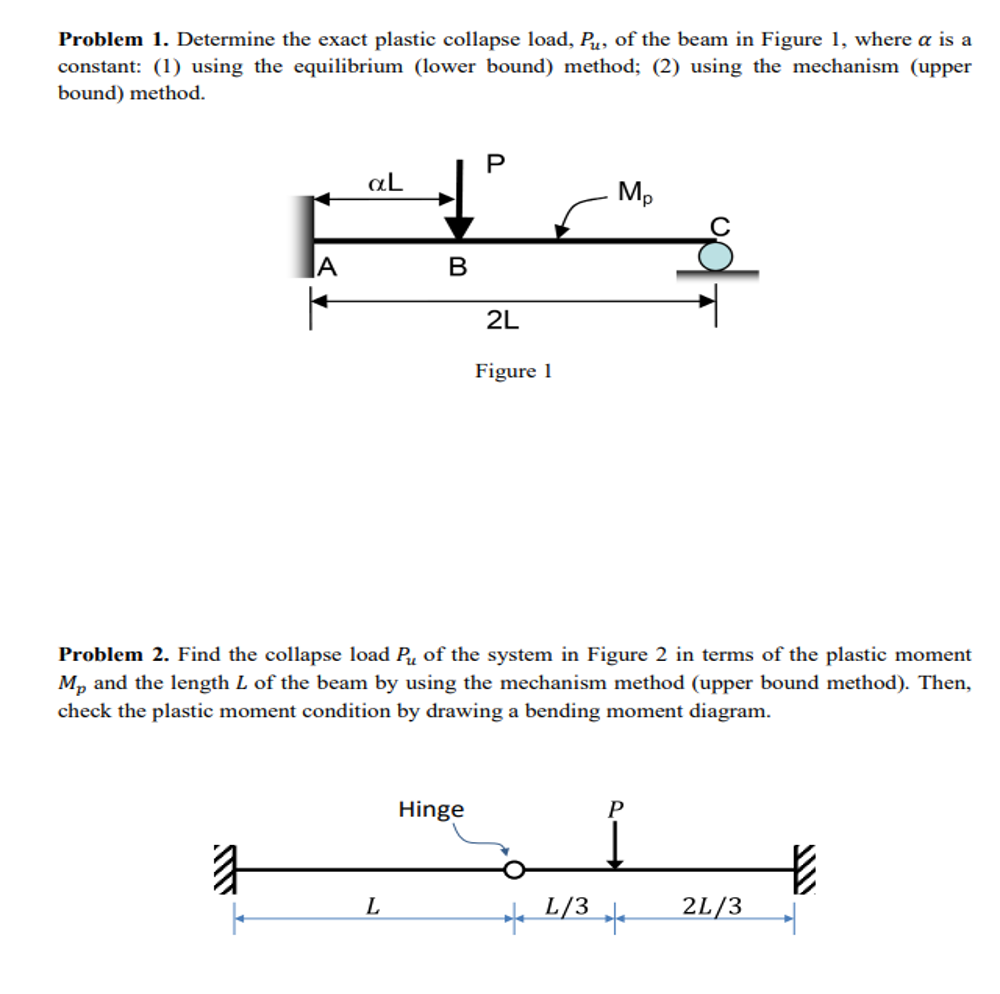 Problem 1. Determine the exact plastic collapse load, Pu, of the beam in Figure 1, where a is a
constant: (1) using the equilibrium (lower bound) method; (2) using the mechanism (upper
bound) method.
P
aL
Mp
2L
Figure 1
Problem 2. Find the collapse load Pu of the system in Figure 2 in terms of the plastic moment
Mp and the length L of the beam by using the mechanism method (upper bound method). Then,
check the plastic moment condition by drawing a bending moment diagram.
Hinge
P
€
L/3+
ATV
a
|
L
B
2L/3