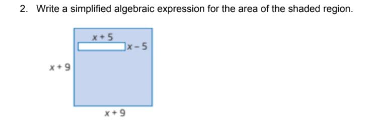 2. Write a simplified algebraic expression for the area of the shaded region.
x+5
x-5
x+ 9
x+9
