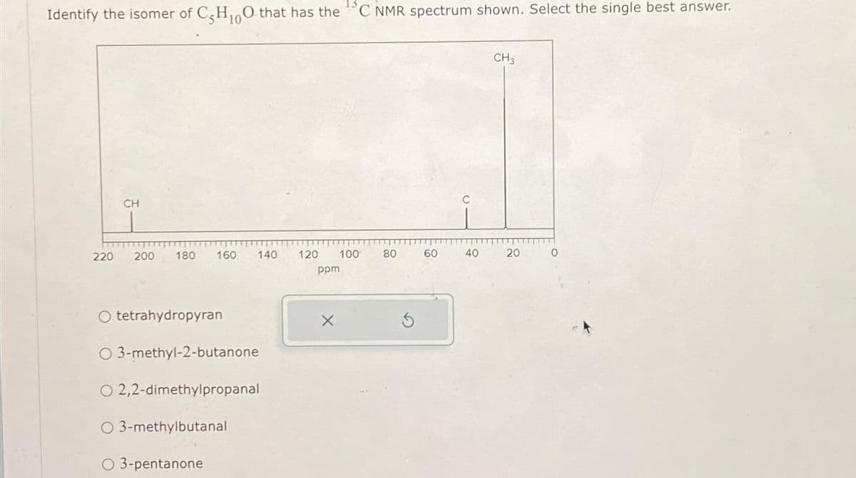 Identify the isomer of C5H₁0O that has the C NMR spectrum shown. Select the single best answer.
10
CH
220 200 180
160 140 120 100 80
O tetrahydropyran
O
3-methyl-2-butanone
O2,2-dimethylpropanal
O 3-methylbutanal
O 3-pentanone
ppm
X
S
60
C
40
CH3
20
0