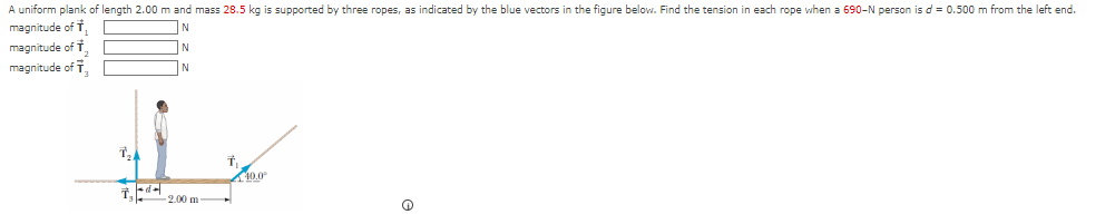 A uniform plank of length 2.00 m and mass 28.5 kg is supported by three ropes, as indicated by the blue vectors in the figure below. Find the tension in each rope when a 690-N person is d = 0.500 m from the left end.
magnitude of
N
N
magnitude of
magnitude of
N
L
F-α =
-2.00 m
40.0⁰
Q