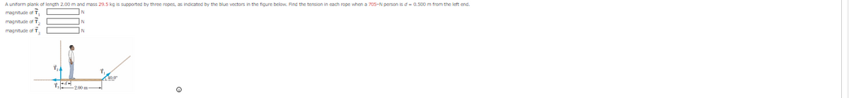 A uniform plank of length 2.00 m and mass 29.5 kg is supported by three ropes, as indicated by the blue vectors in the figure below. Find the tension in each rope when a 705-N person is d-0.500 m from the left end.
magnitude of T
magnitude of T
magnitude of
N
T. 2000
Q
