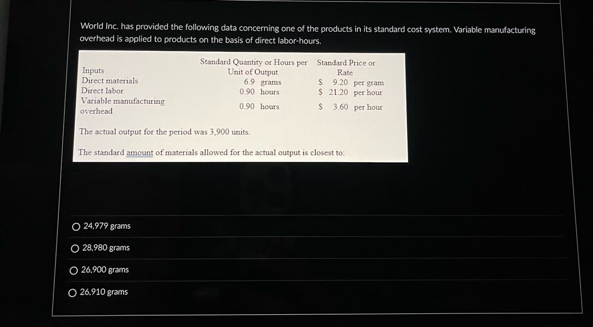 World Inc. has provided the following data concerning one of the products in its standard cost system. Variable manufacturing
overhead is applied to products on the basis of direct labor-hours.
Inputs
Direct materials
Direct labor
Variable manufacturing
overhead
Standard Quantity or Hours per
Unit of Output
O 24.979 grams
O 28,980 grams
O 26,900 grams
O 26,910 grams
6.9 grams
0.90 hours
0.90 hours
Standard Price or
Rate
S 9.20 per gram
S 21.20 per hour
S 3.60
per hour
The actual output for the period was 3,900 units.
The standard amount of materials allowed for the actual output is closest to: