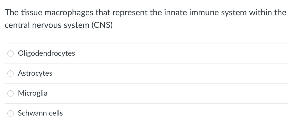The tissue macrophages that represent the innate immune system within the
central nervous system (CNS)
Oligodendrocytes
Astrocytes
Microglia
Schwann cells