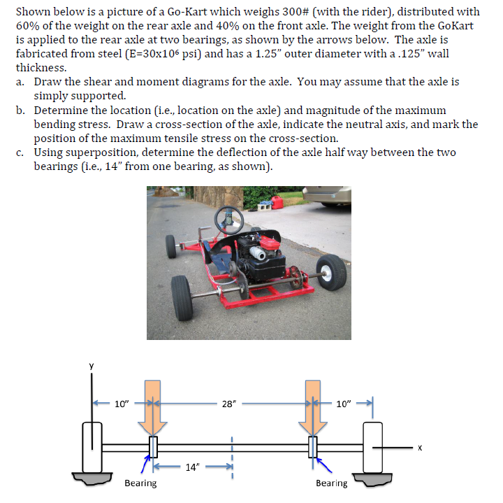 Shown below is a picture of a Go-Kart which weighs 300# (with the rider), distributed with
60% of the weight on the rear axle and 40% on the front axle. The weight from the GoKart
is applied to the rear axle at two bearings, as shown by the arrows below. The axle is
fabricated from steel (E=30x106 psi) and has a 1.25" outer diameter with a .125" wall
thickness.
a. Draw the shear and moment diagrams for the axle. You may assume that the axle is
simply supported.
b. Determine the location (i.e., location on the axle) and magnitude of the maximum
bending stress. Draw a cross-section of the axle, indicate the neutral axis, and mark the
position of the maximum tensile stress on the cross-section.
c. Using superposition, determine the deflection of the axle half way between the two
bearings (i.e., 14" from one bearing, as shown).
10"
28"
10"
14"
Bearing
Bearing
