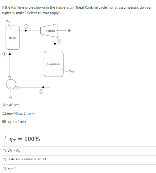 If the Rankine cycle shown in the figure is an "Ideal Rankine cycle", what assumptions do you
typically make? Select all that apply:
Turbine
Boiler
Condenser
- Qout
(KL: 45 sec)
(Chien-Ming: 1 min)
RR: up to 1min
NT =
100%
O Wr > Wp
O State 4 is a saturated liquid
O X3 = 1
