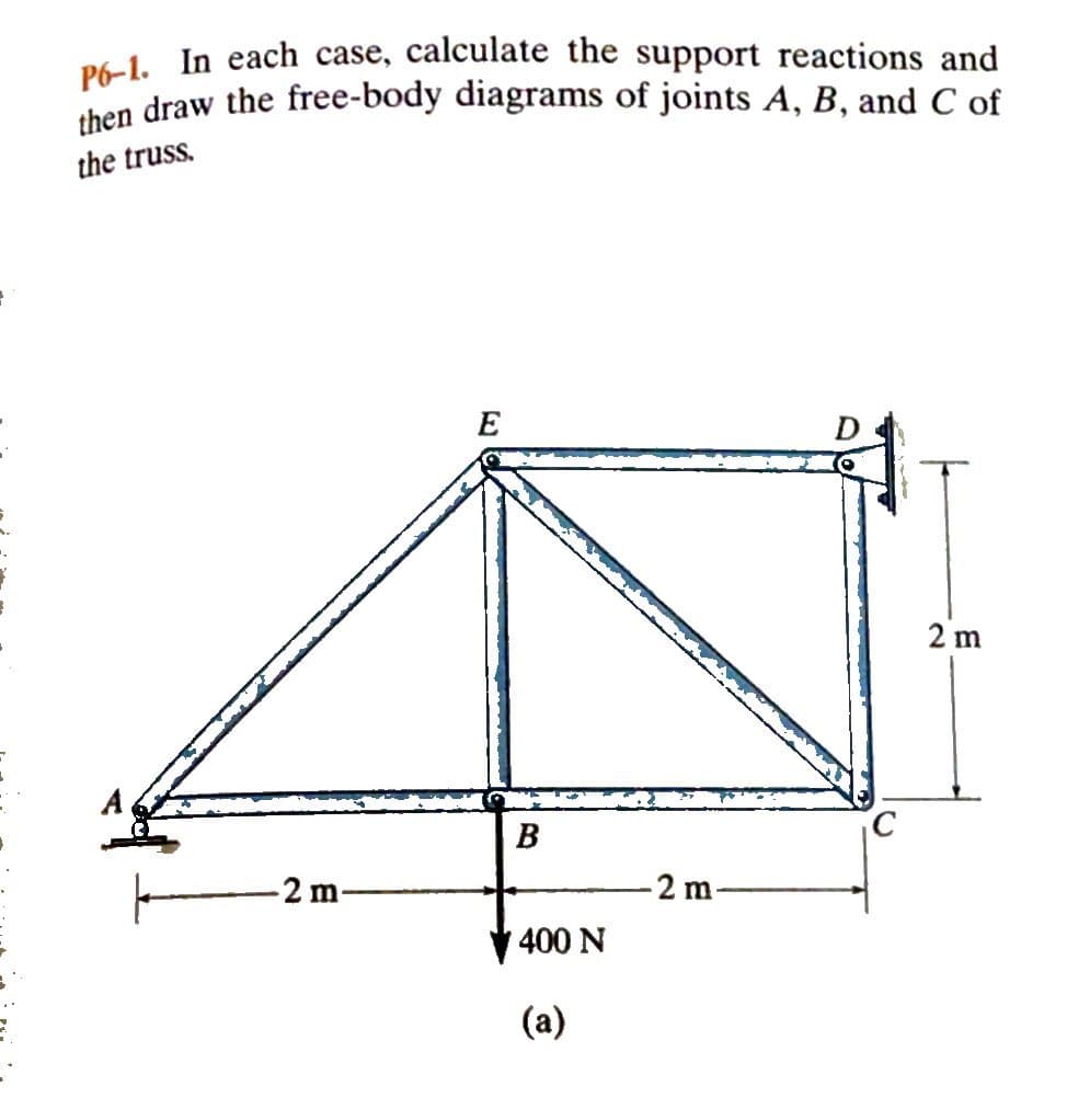 ✓
3
P6-1. In each case, calculate the support reactions and
then draw the free-body diagrams of joints A, B, and C of
the truss.
2 m-
E
B
400 N
(a)
2 m
C
2 m