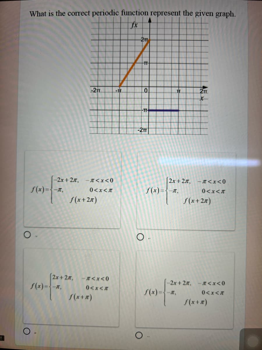 What is the correct periodic function represent the given graph.
fix
O
-2x+2π, -π<x<0
0<x<π
f(x)={-n,
-2TT
f(x)={-n,
f(x+2n)
2x+27, -7<x<0
0<x<*
f(x+n)
-TT
2-TT
-TT-
0
-TT
-2TT
2x+2π,
f(x) = {-n,
-2x + 2π,
f(x)={-₁
2TT.
-1<x<0
0<x<
f(x+2n)
-7<x<0
0<x<
f(x+1)