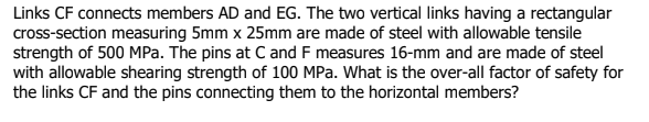 Links CF connects members AD and EG. The two vertical links having a rectangular
cross-section measuring 5mm x 25mm are made of steel with allowable tensile
strength of 500 MPa. The pins at C and F measures 16-mm and are made of steel
with allowable shearing strength of 100 MPa. What is the over-all factor of safety for
the links CF and the pins connecting them to the horizontal members?
