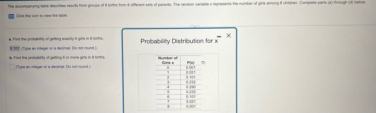 The accompanying table describes results from groups of 8 births from 8 different sets of parents. The random variable x represents the number of girls among 8 children. Complete parts (a) through (d) below.
Click the icon to view the table.
a. Find the probability of getting exactly 6 girls in 8 births.
Probability Distribution for x
0.101 (Type an integer or a decimal. Do not round.)
b. Find the probability of getting 6 or more girls in 8 births.
(Type an integer or a decimal. Do not round.)
Number of
Girls x
P(x)
g
0
0.001
1
0.021
2
0.101
3
0.232
4
0.290
5
0.232
6
0.101
7
0.021
8
0.001