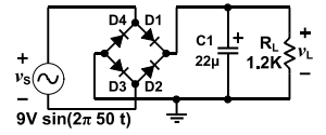 D4 D1
C1나 RL
+
+
22μ
1.2K
Vs
D3 YD2
9V sin(2π 50 t)
