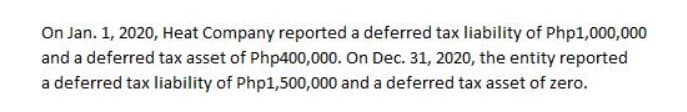 On Jan. 1, 2020, Heat Company reported a deferred tax liability of Php1,000,000
and a deferred tax asset of Php400,000. On Dec. 31, 2020, the entity reported
a deferred tax liability of Php1,500,000 and a deferred tax asset of zero.
