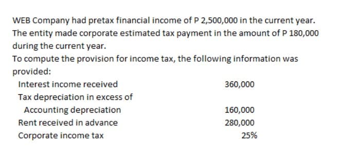 WEB Company had pretax financial income of P 2,500,000 in the current year.
The entity made corporate estimated tax payment in the amount of P 180,000
during the current year.
To compute the provision for income tax, the following information was
provided:
Interest income received
360,000
160,000
Tax depreciation in excess of
Accounting depreciation
Rent received in advance
Corporate income tax
280,000
25%