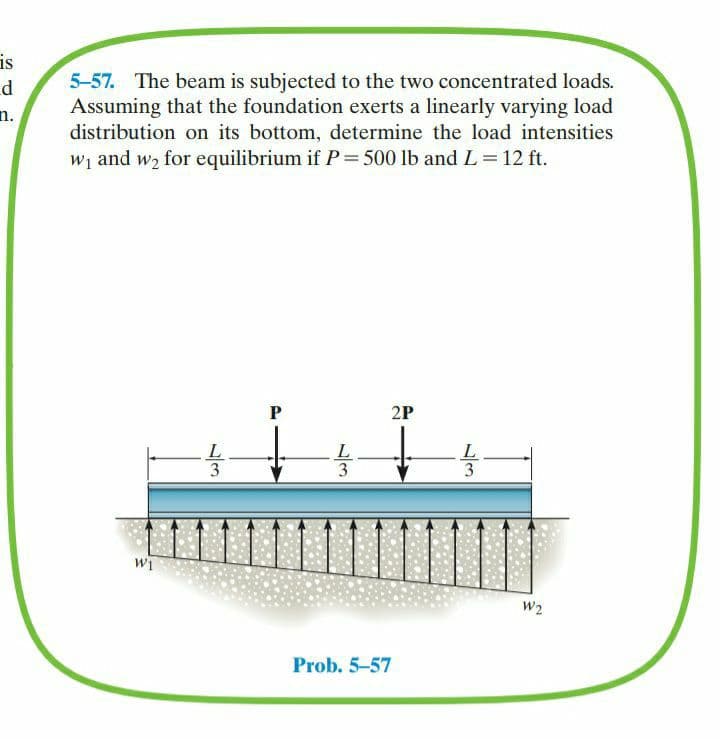 is
5-57. The beam is subjected to the two concentrated loads.
Assuming that the foundation exerts a linearly varying load
distribution on its bottom, determine the load intensities
n.
w1 and w2 for equilibrium if P=500 lb and L=12 ft.
2P
L
3
L
3
3
W1
W2
Prob. 5-57
