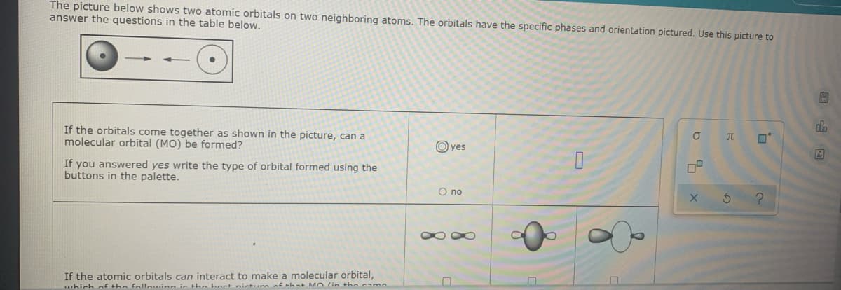 The picture below shows two atomic orbitals on two neighboring atoms. The orbitals have the specific phases and orientation pictured. Use this picture to
answer the questions in the table below.
If the orbitals come together as shown in the picture, can a
molecular orbital (MO) be formed?
O JI
O yes
If you answered yes write the type of orbital formed using the
buttons in the palette.
O no
If the atomic orbitals can interact to make a molecular orbital,
hich oE the follwing is the boct nicture cf that MO lin the came
