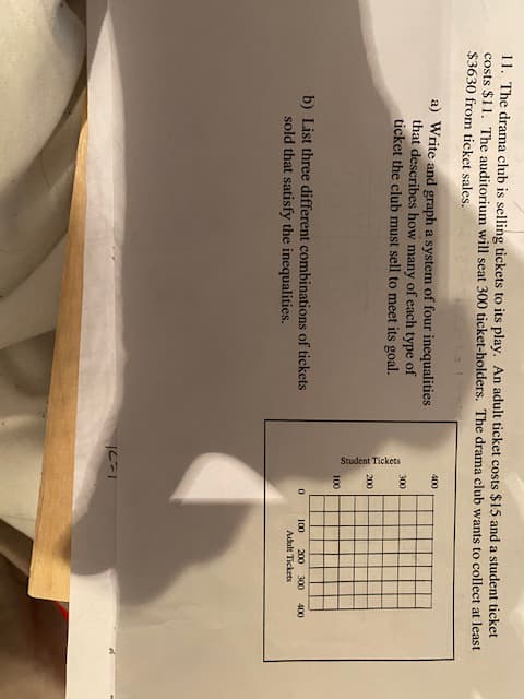 Student Tickets
11. The drama club is selling tickets to its play. An adult ticket costs $15 and a student ticket
costs $11. The auditorium will seat 300 ticket-holders. The drama club wants to collect at least
$3630 from ticket sales.
a) Write and graph a system of four inequalities
that describes how many of each type of
ticket the club must sell to meet its goal.
400
300
200
100
b) List three different combinations of tickets
400
100
200 300
sold that satisfy the inequalities.
Adult Tickets
