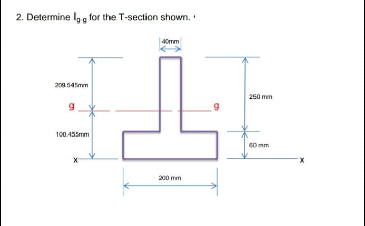 2. Determine lg-g for the T-section shown.
| 40mm
209.545mm
250 mm
g
100.455mm
60 mm
200 mm
