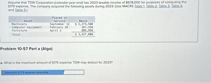 Assume that TDW Corporation (calendar-year-end) has 2023 taxable income of $678,000 for purposes of computing the
§179 expense. The company acquired the following assets during 2023: (Use MACRS Table 1, Table 2, Table 3. Table 4.
and Table 5.)
Asset
Machinery
Computer equipment
Furniture
Total
Placed in
Service
September 12
February 10
April 2
Problem 10-57 Part a (Algo)
Maximum 5179 expense deductible
Basis
$2,273,500
267,550
885,950
$ 3,427,000
a. What is the maximum amount of $179 expense TDW may deduct for 2023?