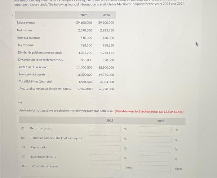 pany ma
purchase treasury stock. The following financial information is available for Martinez Company for the years 2025 and 2024.
Sales revenue
Net income
Interest expense
Tax expense
(a)
Dividends paid on common stock
Dividends paid on preferred stock
350,000
Total assets (year-end)
14,500,000 18,500,000
Average total assets
16,500,000 19,375,000
Total liabilities (year-end)
6,046,500
3,034,000
Avg. total common stockholders' equity 17,860,000
26,790,000
(1) Return on assets
(2)
(3)
(4)
(5)
Use the information above to calculate the following ratios for both years: (Round answers to 1 decimal place, eg. 12.5 or 12.5%)
2025
2024
$9,100,000
$9,100,000
2,590,500 2,983,750
160,000
968,250
Payout ratio
510,000
Debt to assets ratio.
724,500
Times interest earned
Return on common stockholders' equity
1,036,200
1,253,175
350,000
2025
%
%
%
%
times
2024
%
%
***
times