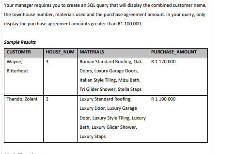 Your manager requires you to create an SQL query that will display the combined customer name,
the townhouse number, materials used and the purchase agreement amount. In your query, only
display the purchase agreement amounts greater than R1 100 000.
Sample Results
CUSTOMER
HOUSE_NUM MATERIALS
PURCHASE_AMOUNT
Wayne,
3
Roman Standard Roofing, Oak
R1 120 000
Bitterhout
Doors, Luxury Garage Doors,
Italian Style Tiling, Mizu Bath,
Tri Glider Shower, Stella Staps
Luxury Standard Roofing,
Thando, Zolani
2
R1 190 000
Luxury Door, Luxury Garage
Door, Luxury Style Tiling, Luxury
Bath, Luxury Glider Shower,
Luxury Staps
