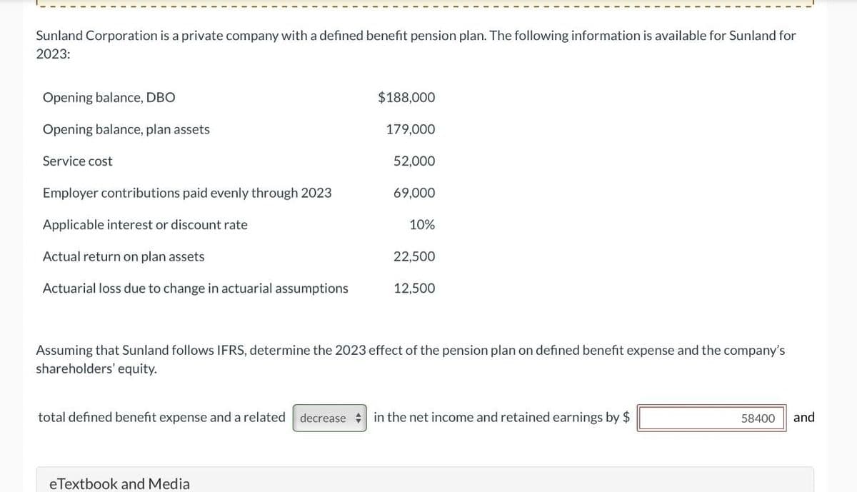 Sunland Corporation is a private company with a defined benefit pension plan. The following information is available for Sunland for
2023:
Opening balance, DBO
Opening balance, plan assets
Service cost
Employer contributions paid evenly through 2023
Applicable interest or discount rate
Actual return on plan assets
Actuarial loss due to change in actuarial assumptions
$188,000
179,000
eTextbook and Media
52,000
69,000
10%
22,500
12,500
Assuming that Sunland follows IFRS, determine the 2023 effect of the pension plan on defined benefit expense and the company's
shareholders' equity.
total defined benefit expense and a related decrease in the net income and retained earnings by $
58400 and