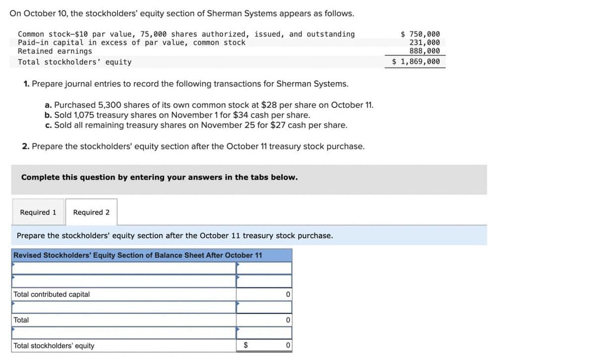 On October 10, the stockholders' equity section of Sherman Systems appears as follows.
Common stock-$10 par value, 75,000 shares authorized, issued, and outstanding
Paid-in capital in excess of par value, common stock
Retained earnings
Total stockholders' equity
1. Prepare journal entries to record the following transactions for Sherman Systems.
a. Purchased 5,300 shares of its own common stock at $28 per share on October 11.
b. Sold 1,075 treasury shares on November 1 for $34 cash per share.
c. Sold all remaining treasury shares on November 25 for $27 cash per share.
2. Prepare the stockholders' equity section after the October 11 treasury stock purchase.
Complete this question by entering your answers in the tabs below.
Required 1 Required 2
Prepare the stockholders' equity section after the October 11 treasury stock purchase.
Revised Stockholders' Equity Section of Balance Sheet After October 11
Total contributed capital
Total
Total stockholders' equity
$
0
0
0
$750,000
231,000
888,000
$ 1,869,000