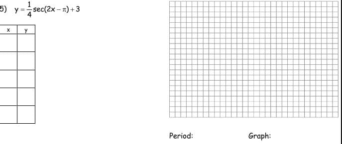 A (G
sec(2x – n) + 3
Period:
Graph:
