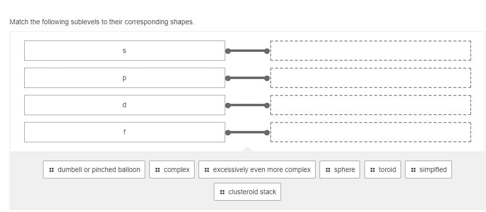 Match the following sublevels to their corresponding shapes.
p
d.
f
:: dumbell or pinched balloon
: complex
: excessively even more complex
: sphere
:: toroid
: simplfied
: clusteroid stack
