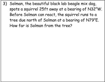 3) Solman, the beautiful black lab beagle mix dog,
spots a squirrel 25ft away at a bearing of N32°w.
Before Solman can react, the squirrel runs to a
tree due north of Solman at a bearing of N79°E.
How far is Solman from the tree?
