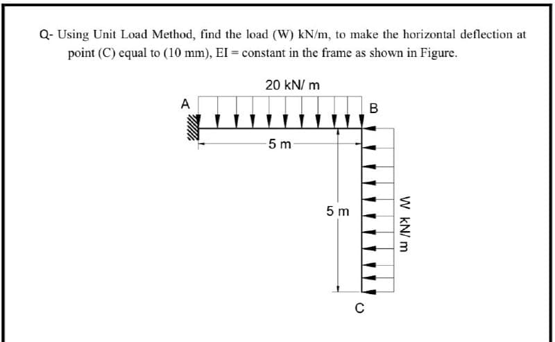 Q- Using Unit Load Method, find the load (W) kN/m, to make the horizontal deflection at
point (C) equal to (10 mm), EI = constant in the frame as shown in Figure.
20 kN/m
A
-5m
5 m
C
B
W kN/m