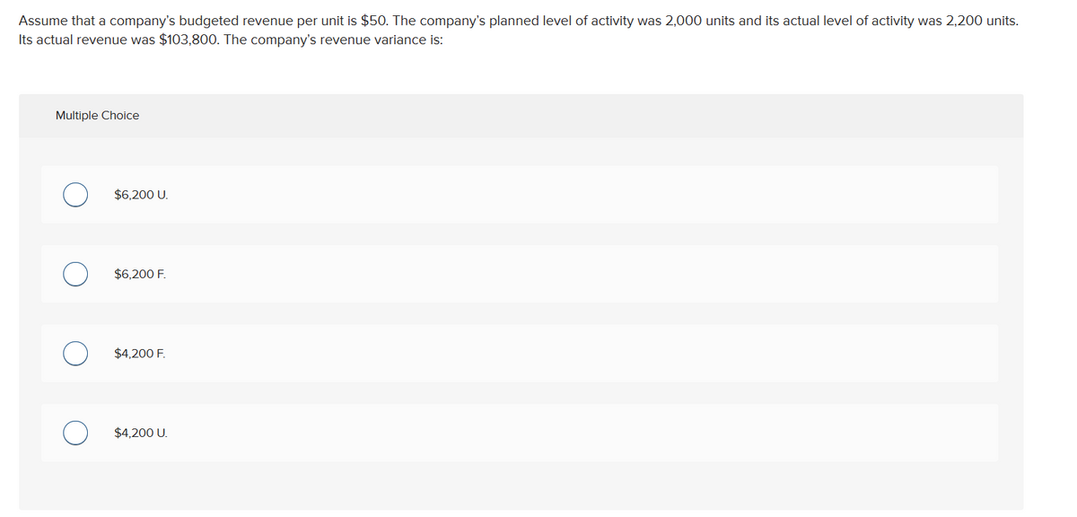 Assume that a company's budgeted revenue per unit is $50. The company's planned level of activity was 2,000 units and its actual level of activity was 2,200 units.
Its actual revenue was $103,800. The company's revenue variance is:
Multiple Choice
$6,200 U.
$6,200 F.
$4,200 F.
$4,200 U.