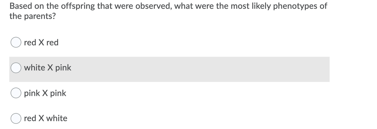 **Question:**
Based on the offspring that were observed, what were the most likely phenotypes of the parents?

**Answer Choices:**

1. ⃝ red X red
2. ⃝ white X pink
3. ⃝ pink X pink
4. ⃝ red X white