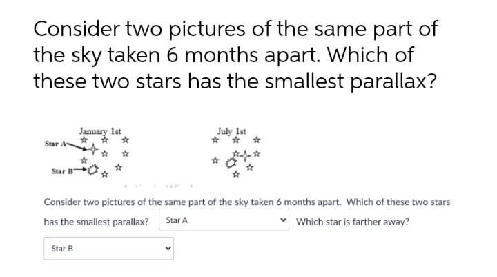 Consider two pictures of the same part of
the sky taken 6 months apart. Which of
these two stars has the smallest parallax?
January 1st
में, में में
July 1st
** *
Star A-
Star B
Consider two pictures of the same part of the sky taken 6 months apart. Which of these two stars
has the smallest parallax?
Star A
Which star is farther away?
Star B
