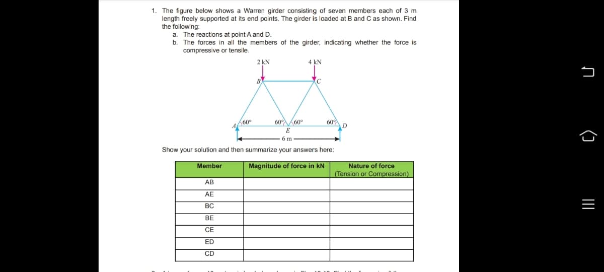 1. The figure below shows a Warren girder consisting of seven members each of 3 m
length freely supported at its end points. The girder is loaded at B and C as shown. Find
the following:
a. The reactions at point A and D.
b.
compressive or tensile.
The forces in all the members of the girder, indicating whether the force is
2 kN
4 kN
B
К60°
60°60°
60°
E
6 m
Show your solution and then summarize your answers here:
Member
Nature of force
(Tension or Compression)
Magnitude of force in kN
АВ
AE
ВС
BE
СЕ
ED
CD
ņ (3 II
