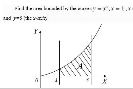 Find the area bounded by the curves y = x², x = 1, x =
and y=0 (the x-axis)
Y₁
0
1
3
X