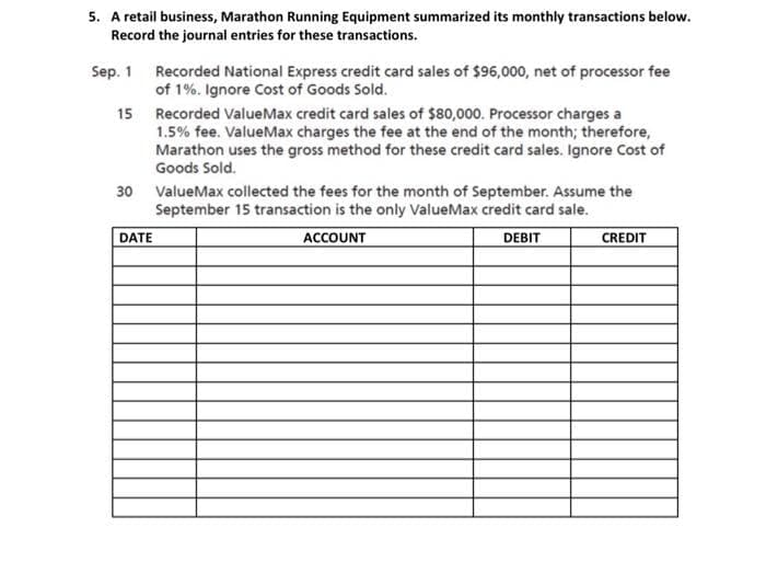 5. A retail business, Marathon Running Equipment summarized its monthly transactions below.
Record the journal entries for these transactions.
Sep. 1 Recorded National Express credit card sales of $96,000, net of processor fee
of 1%. Ignore Cost of Goods Sold.
15 Recorded Value Max credit card sales of $80,000. Processor charges a
1.5% fee. ValueMax charges the fee at the end of the month; therefore,
Marathon uses the gross method for these credit card sales. Ignore Cost of
Goods Sold.
30 ValueMax collected the fees for the month of September. Assume the
September 15 transaction is the only ValueMax credit card sale.
DEBIT
ACCOUNT
DATE
CREDIT