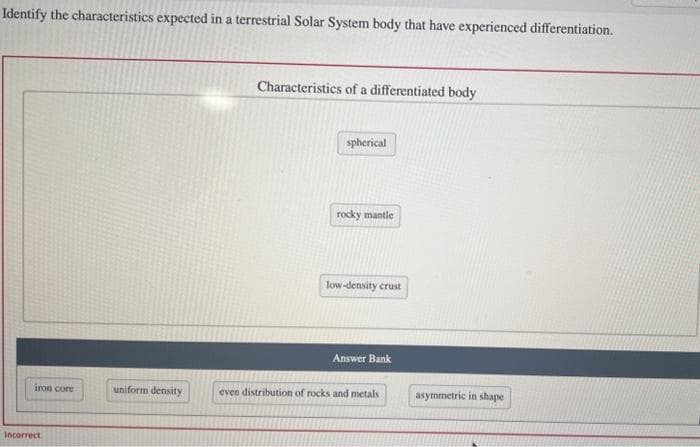 Identify the characteristics expected in a terrestrial Solar System body that have experienced differentiation.
iron core
Incorrect
uniform density
Characteristics of a differentiated body
spherical
rocky mantle
low-density crust
Answer Bank
even distribution of rocks and metals
asymmetric in shape