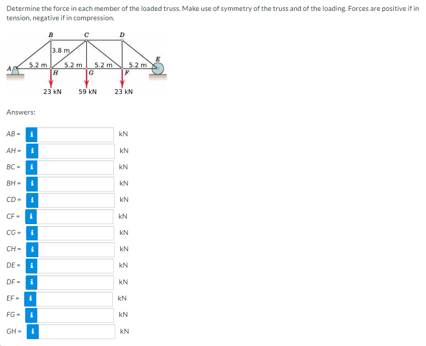 Determine the force in each member of the loaded truss. Make use of symmetry of the truss and of the loading. Forces are positive if in
tension, negative if in compression.
Answers:
AB= i
AH = i
BC =
BH =
CD =
5.2 m
CH =
CF = i
i
CG= i
EF=
i
FG =
DE = i
DF = i
i
i
GH = i
B
3.8 m
H
23 KN
5.2 m
5.2 m
G
59 KN
D
5.2 m
F
23 KN
kN
kN
kN
kN
kN
kN
kN
kN
kN
kN
kN
kN
kN
E