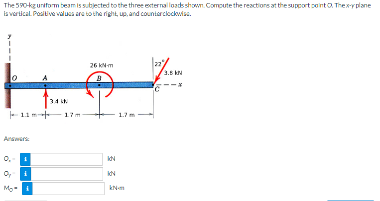 The
590-kg uniform beam is subjected to the three external loads shown. Compute the reactions at the support point O. The x-y plane
is vertical. Positive values are to the right, up, and counterclockwise.
1.1 m
Answers:
Ox= i
Oy=i
Mo=
i
3.4 KN
7 m
26 kN m
B
KN
KN
1.7 m
kN.m
22
C
3.8 kN