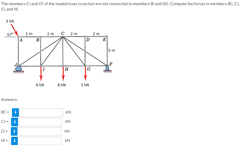 The members CJ and CF of the loaded truss cross but are not connected to members BI and DG. Compute the forces in members BC, CJ,
Cl, and HI.
3 kN
57°
Answers:
BC = i
CJ =
i
CI= i
HI = i
A
2 m
B
I
9 KN
2 m
C 2m
H
8 KN
ZZZZ
kN
kN
kN
kN
D
G
3 KN
2 m
E
5 m
F